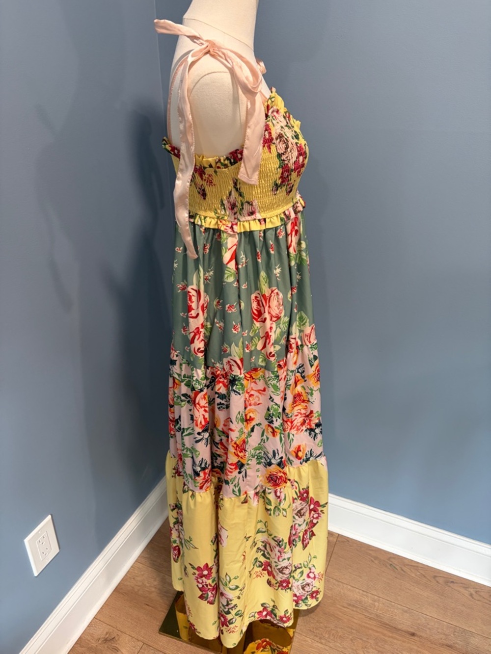 Floral Tiered Maxi Dress with Tie Straps - Yellow Multi - Picture 7 of 9